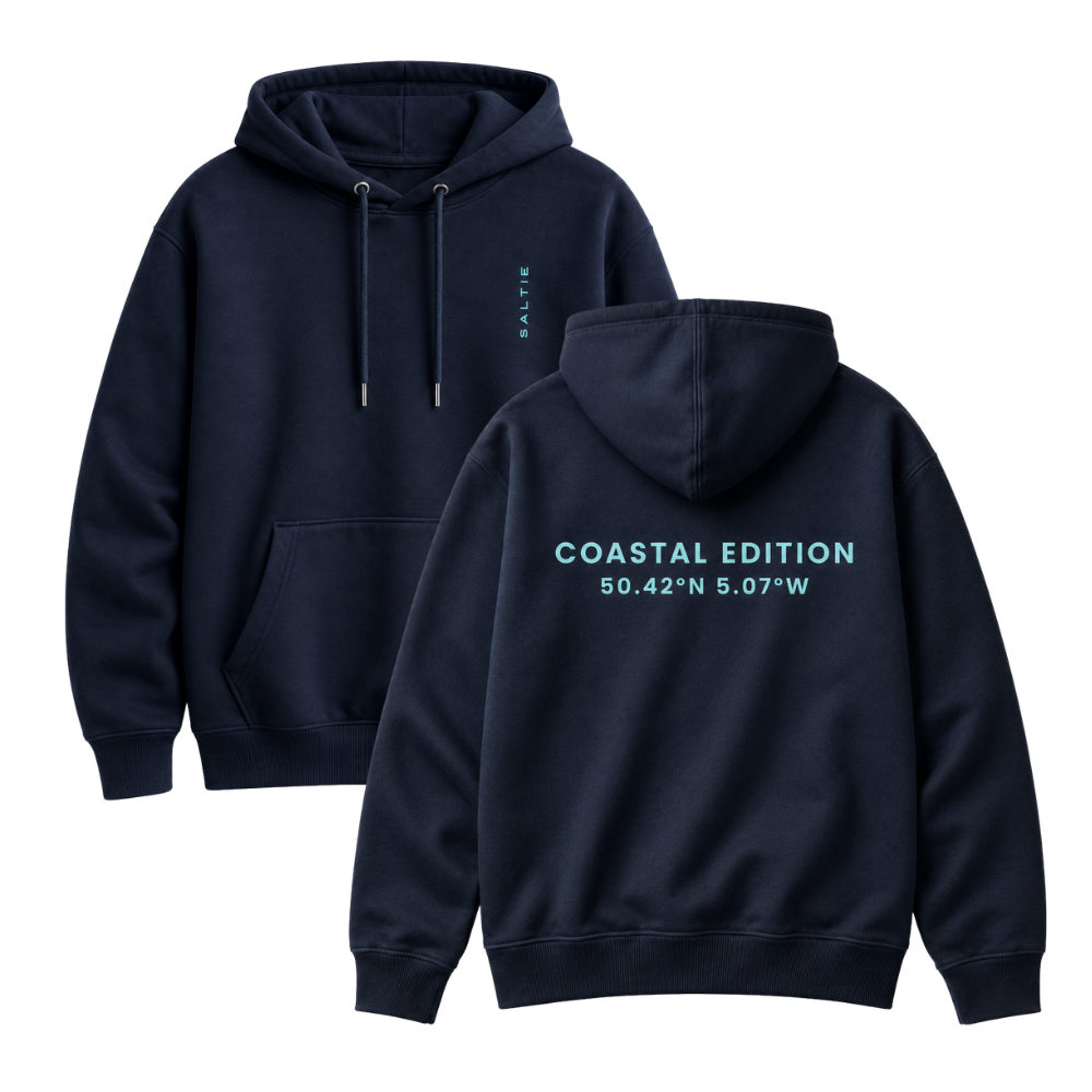 A navy blue hoodie against a white background that reads