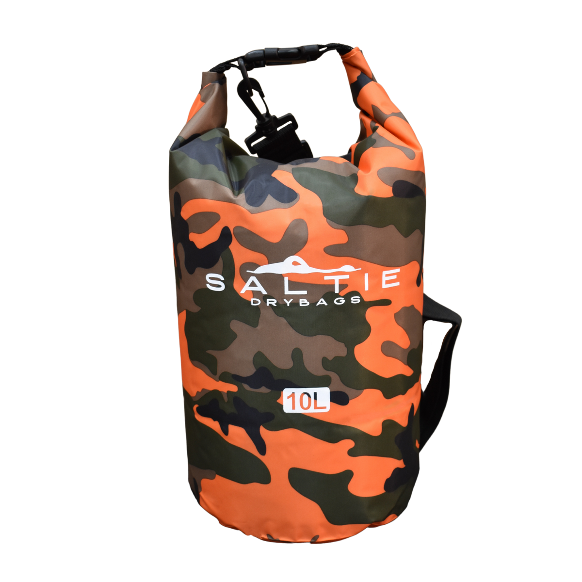 A branded 10 litre saltie dry bag with the camouflage orange pattern on it. The image showcases the roll-top feature. The image is placed on a transparent background.