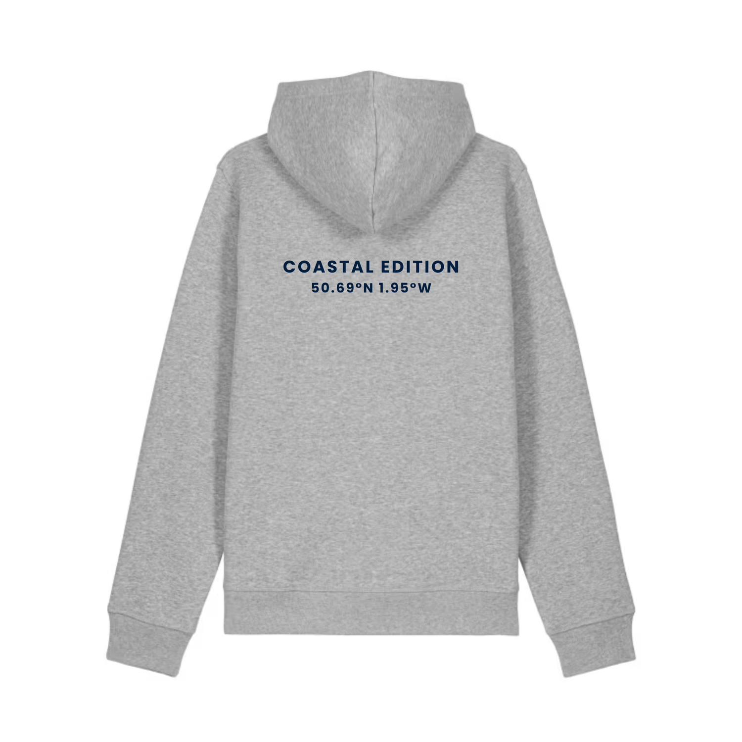 Gray hoodie with 'COASTAL EDITION' text on the back against a white background