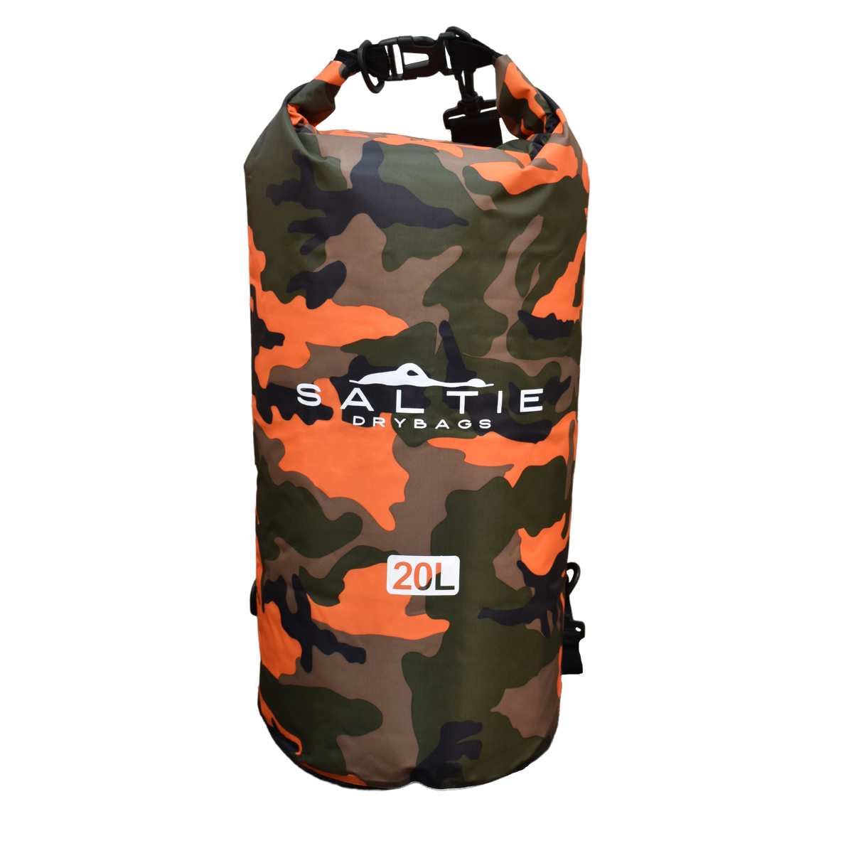 A 20 litre saltie dry bag with the camouflage orange pattern on it. The logos are largely placed with text reading