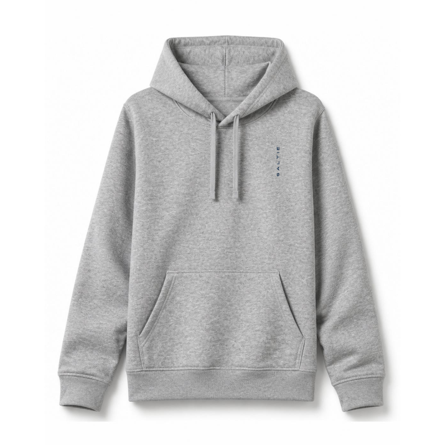 A branded grey saltie hoodie against a white background. The mains colour is grey and the logo is placed top left of the hoodie that reads