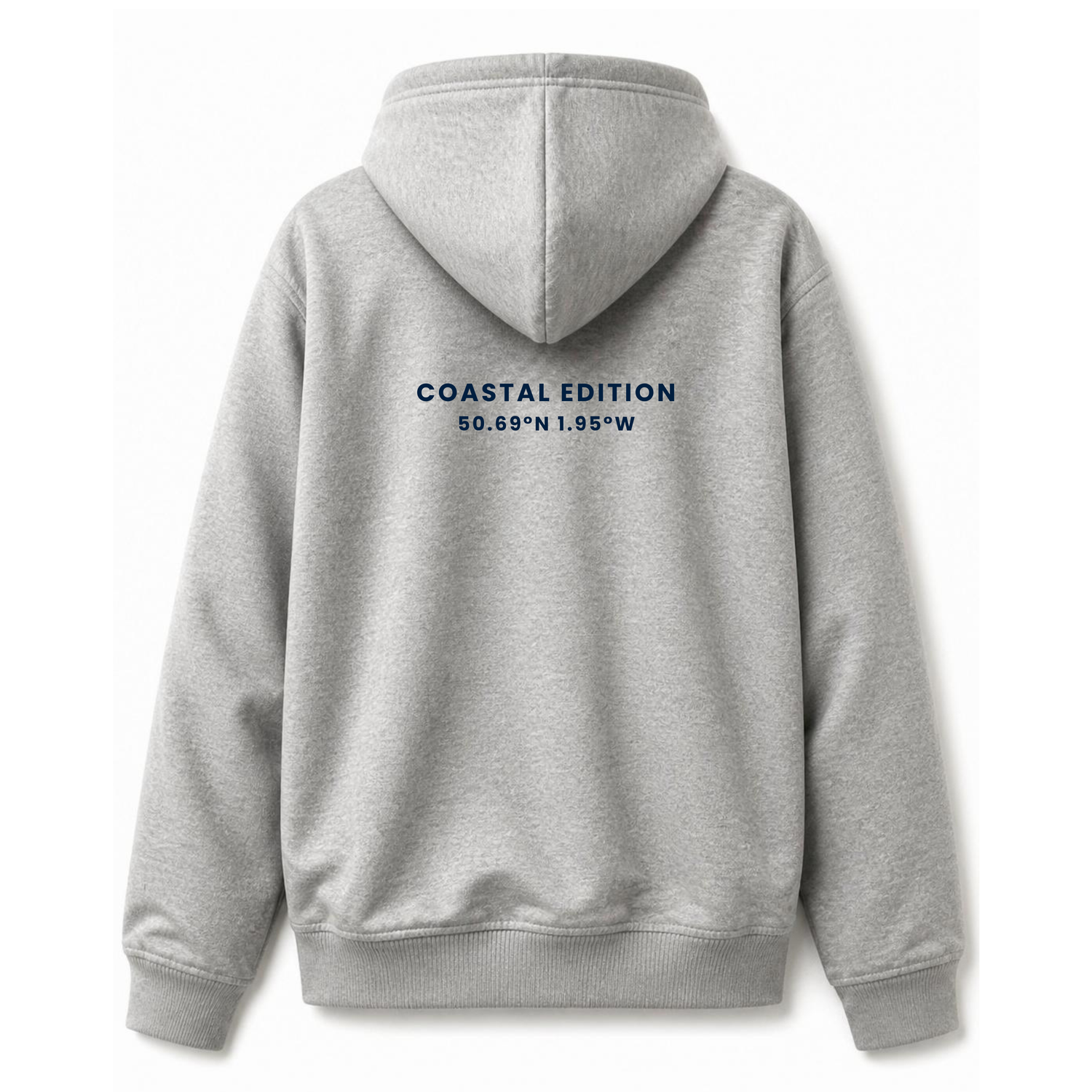 A branded saltie hoodie against a white background. The main colour is grey. The image displays the back of the hoodie with the logo that reads