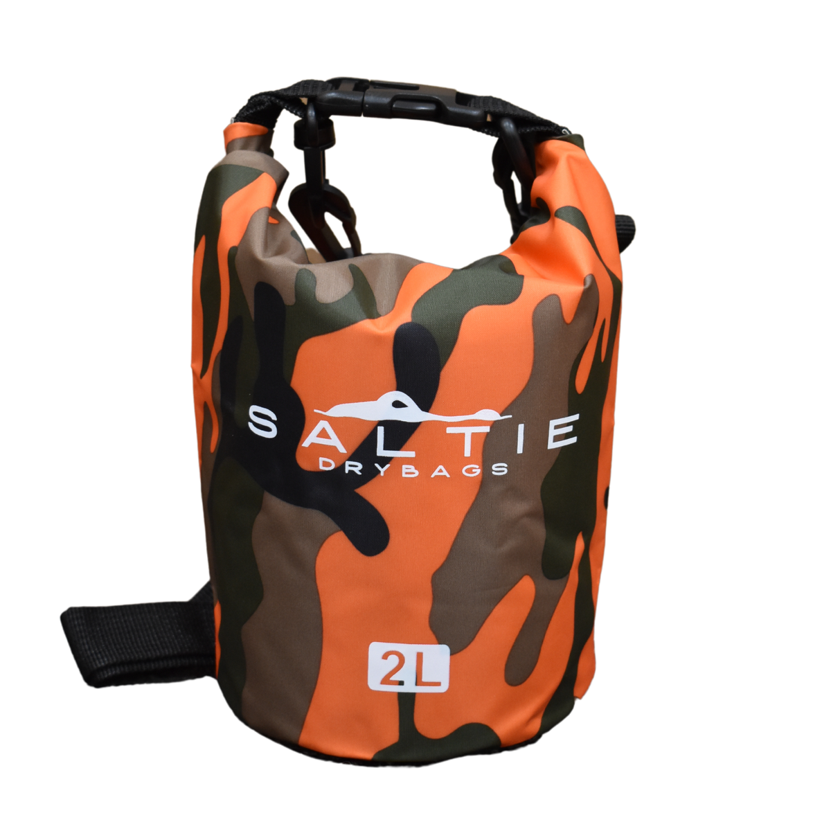 A branded 2 litre saltie dry bag with the camouflage orange pattern on it. The logos are heavily placed with large text. The image is showcasing the roll-top feature and is on a transparent background.