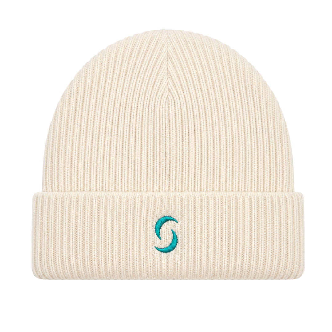 A beige beanie against a white background with the