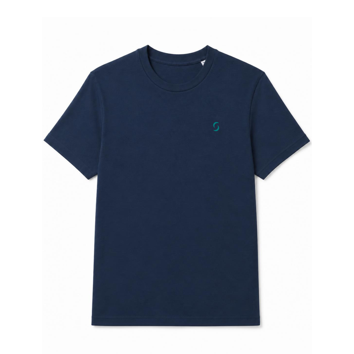 A branded saltie T-shirt against a white background. The main colour a navy blue. The