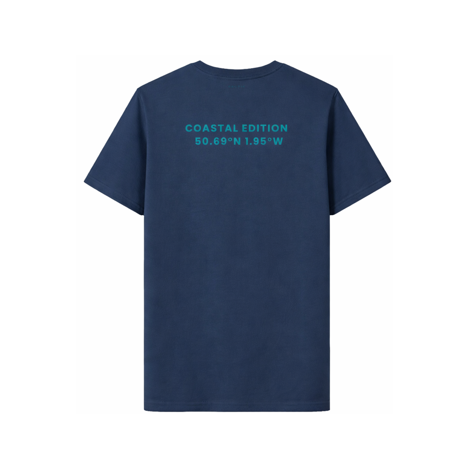 A branded saltie T-shirt against a white background. The main colour a navy blue. The logo is placed on the back of the shirt which reads