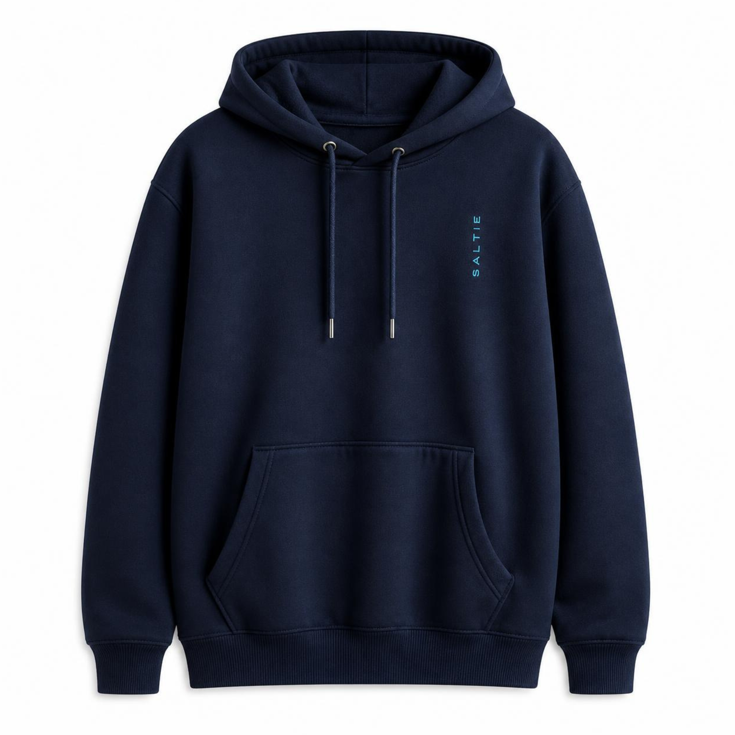 A branded saltie hoodie against a white background. The main colour is a deep navy blue. The logo on the front is placed top left and reads