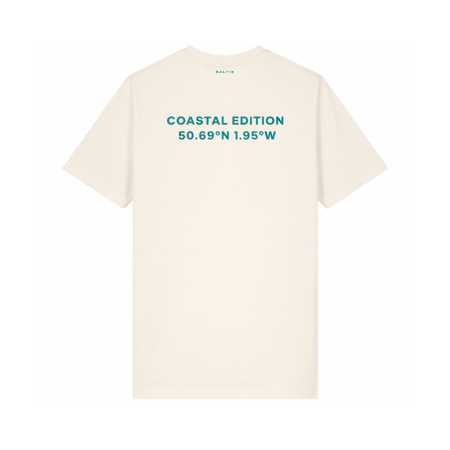 A branded Saltie T-shirt against a white background. The main colour is beige. The image shows the back of the shirt. It reads