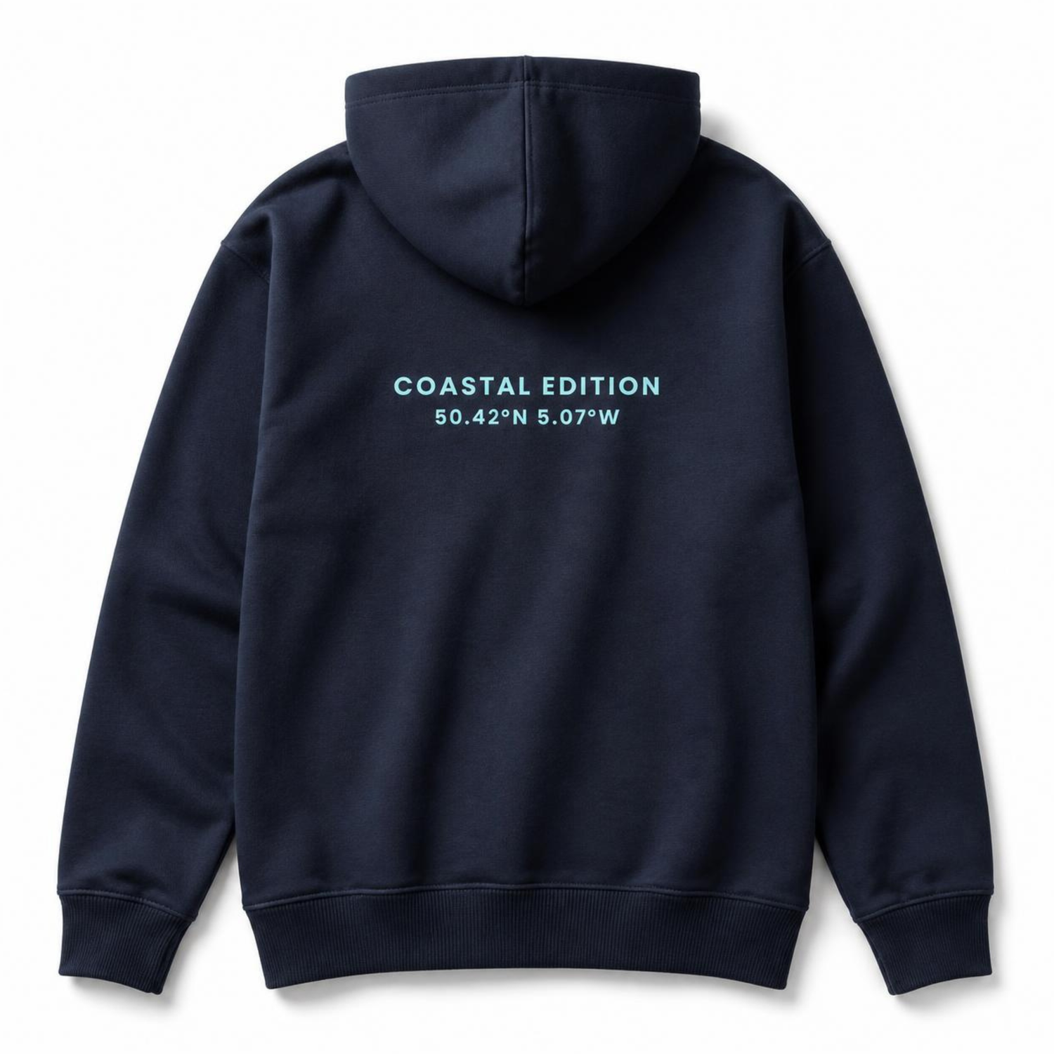 A branded saltie hoodie against a white background. The main colour is navy blue. The logo on the back is displaying the logo on the back which reads
