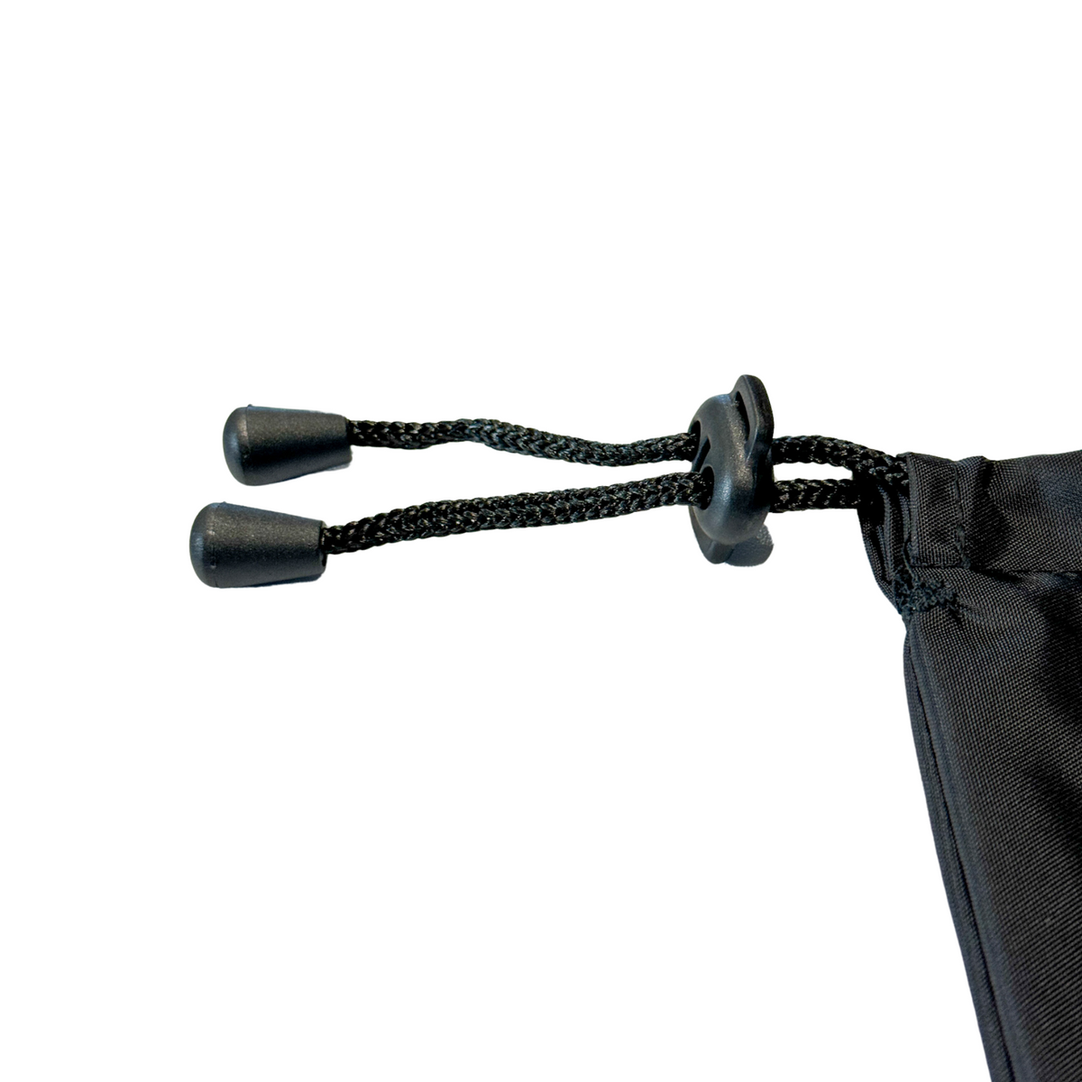 A close up of a drawstring back against a white background.
