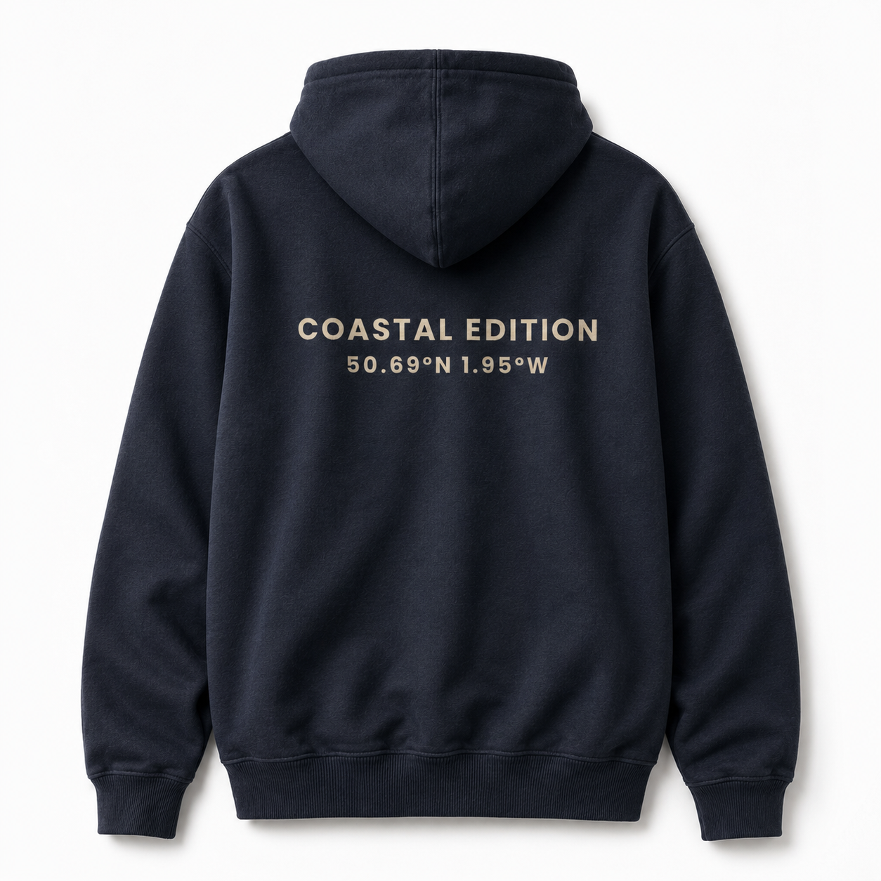navy blue hoodie against a white background with