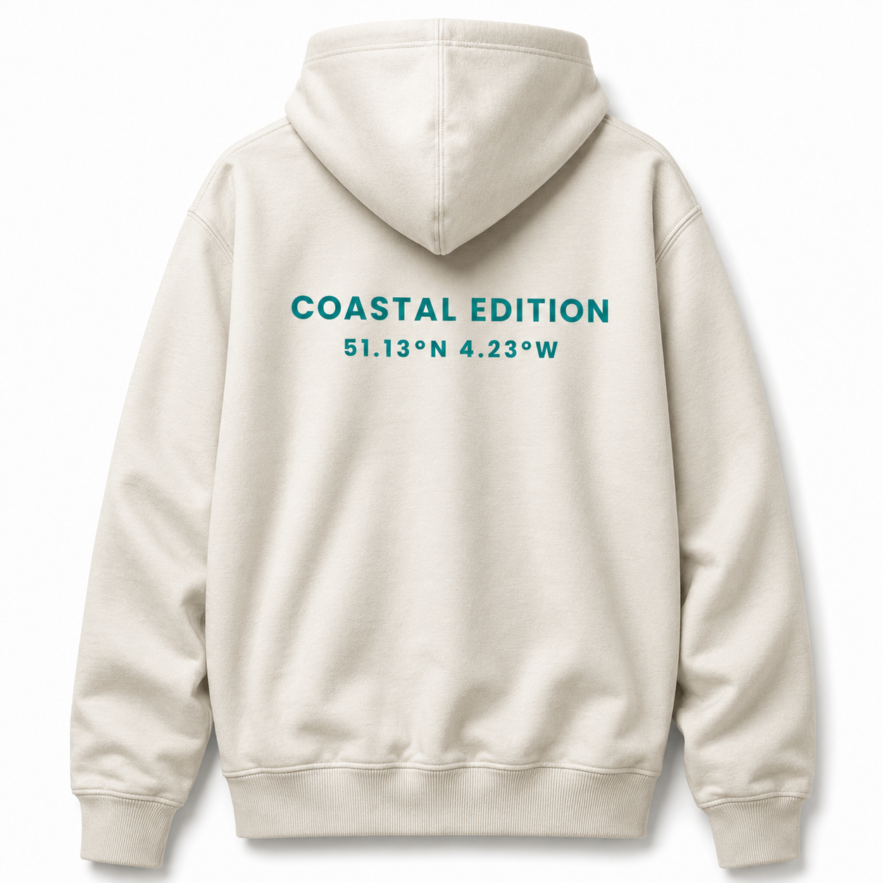 A beige hoodie against a white background, logo on the back