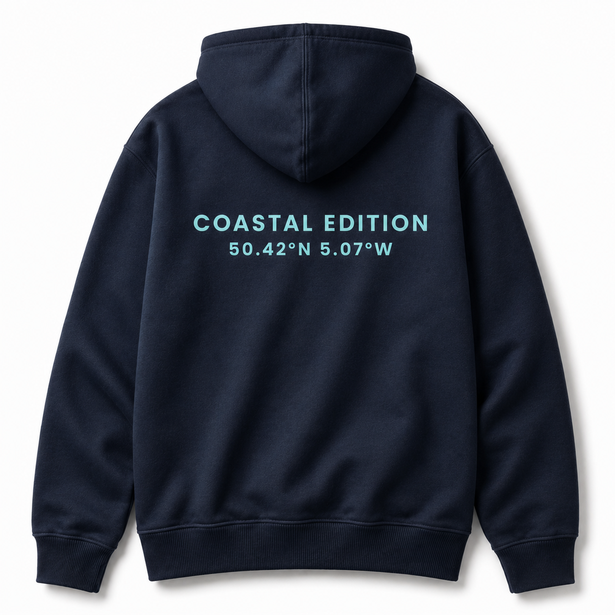 A navy blue hoodie against a white background. On the back reads