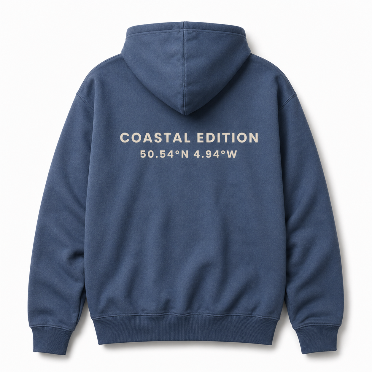 A navy blue hoodie against a white background the text reads
