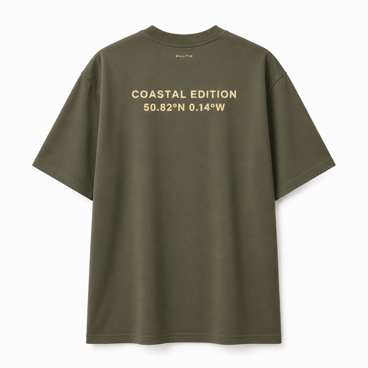 A kahki green shirt against a white background with a large logo on the back