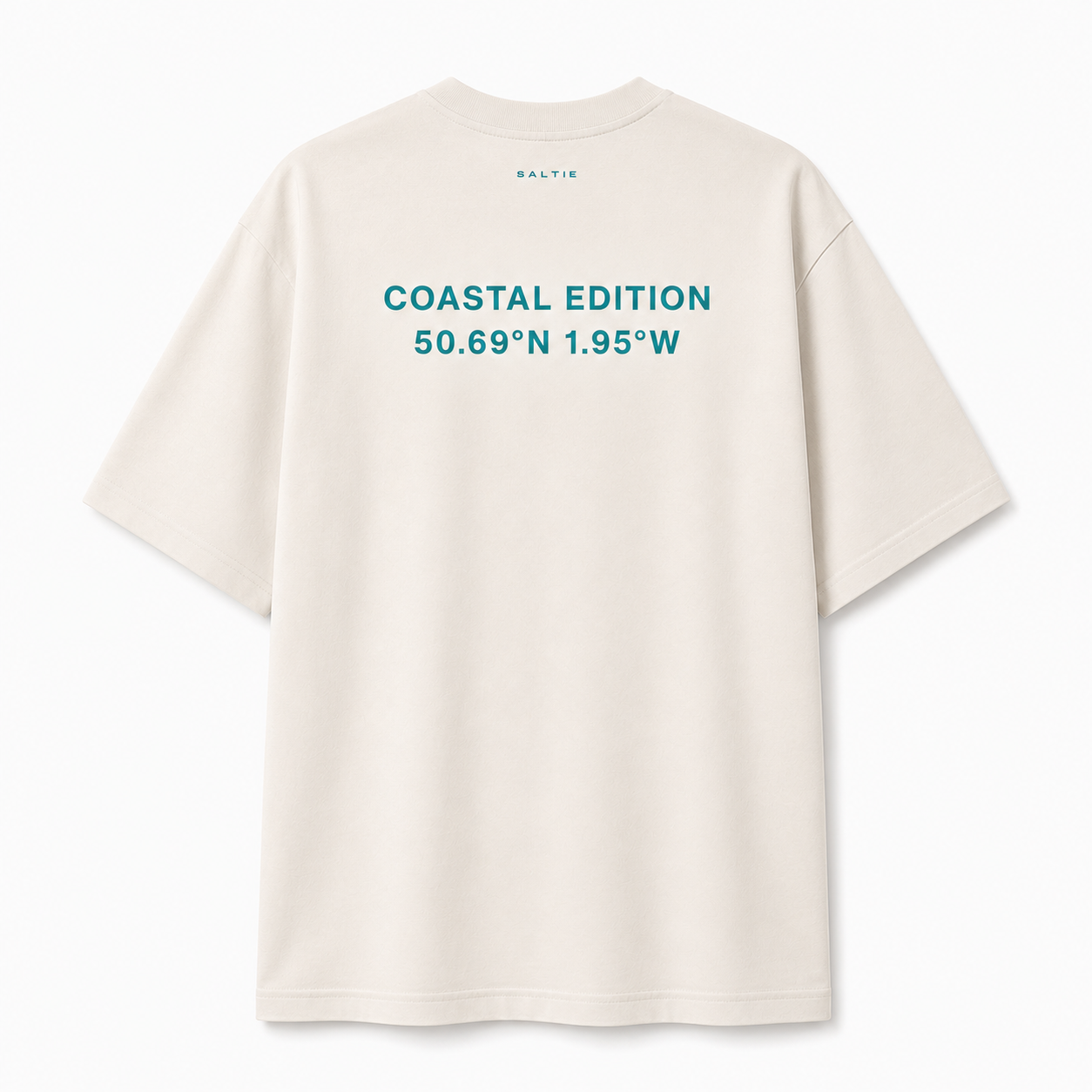 A beige shirt against a white background with the a large logo on the back