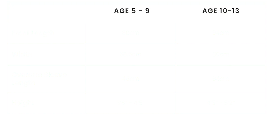 junior changing robe size guide