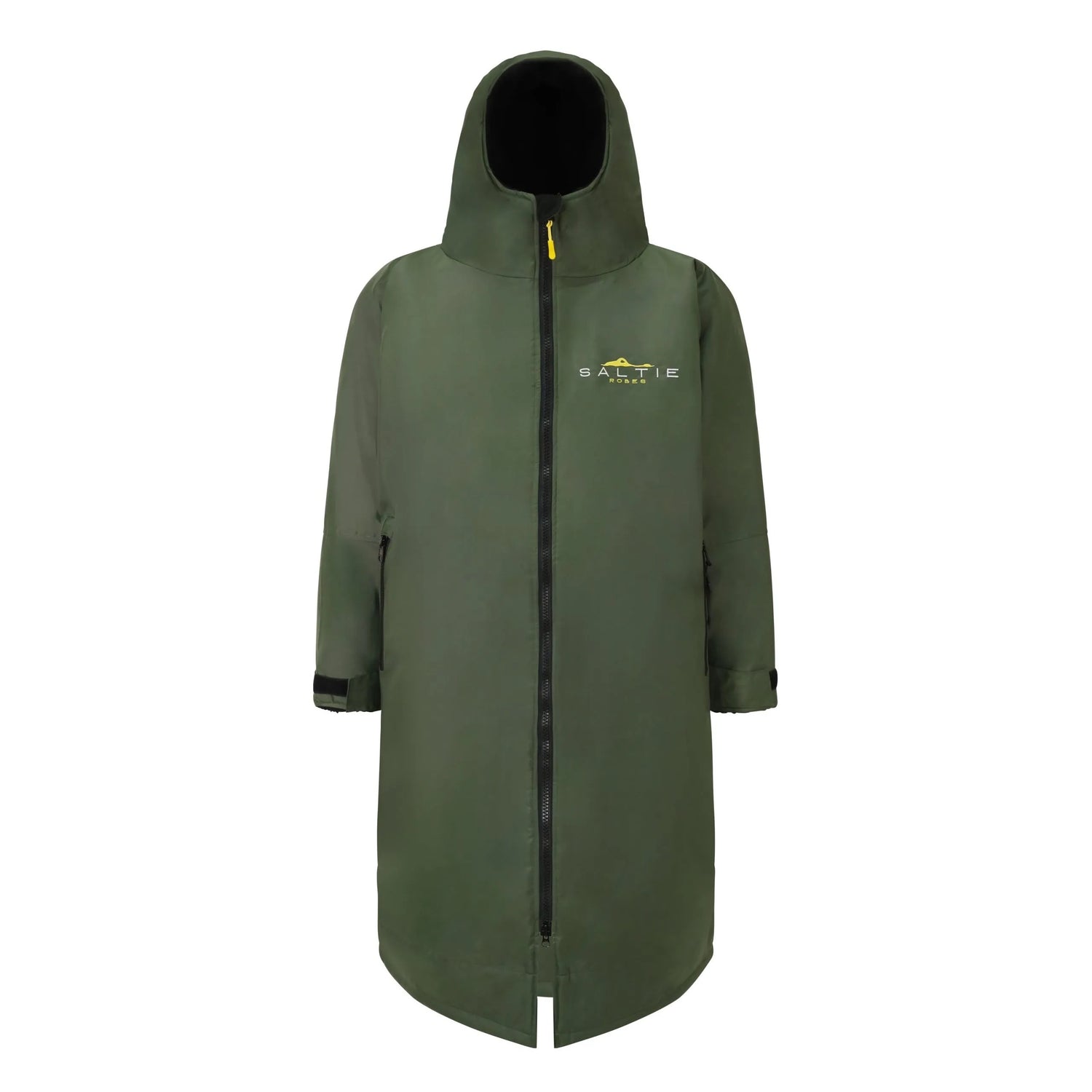 SALTIE Changing Robe in green, weather resistant, perfect for changing on the beach and made using 100% recycled materials. The SALTIE changing robe is designed keep you warm and dry during your sea swim, beach walks and all of your outdoor adventures.