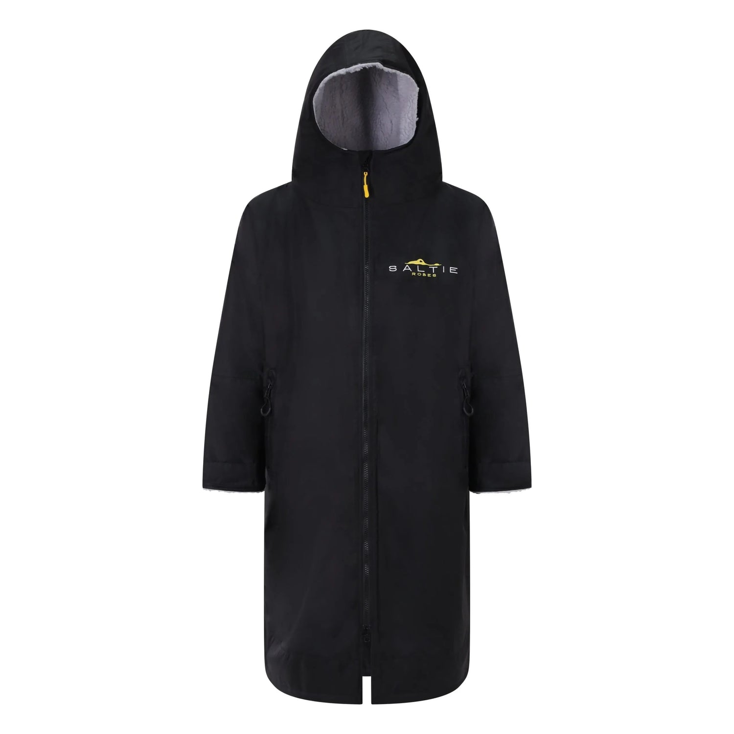 SALTIE Changing Robe in grey, weather resistant, perfect for changing on the beach and made using 100% recycled materials. The SALTIE changing robe is designed keep you warm and dry during your sea swim, beach walks and all of your outdoor adventures.