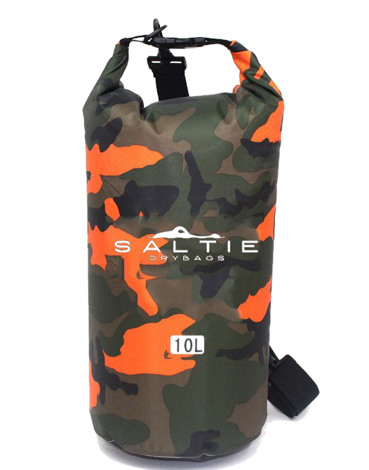 A branded saltie 10 litre dry bag featuring a camouflage orange pattern. The dry bag has a roll-top feature at the top. The image is a transparent image.