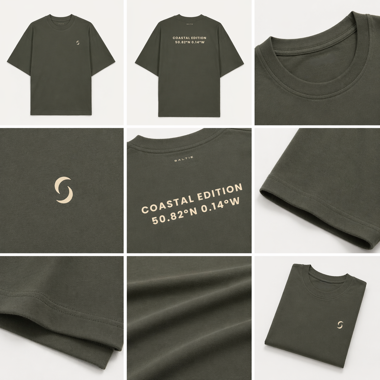 Collage of a green t-shirt with branding and text on a white background