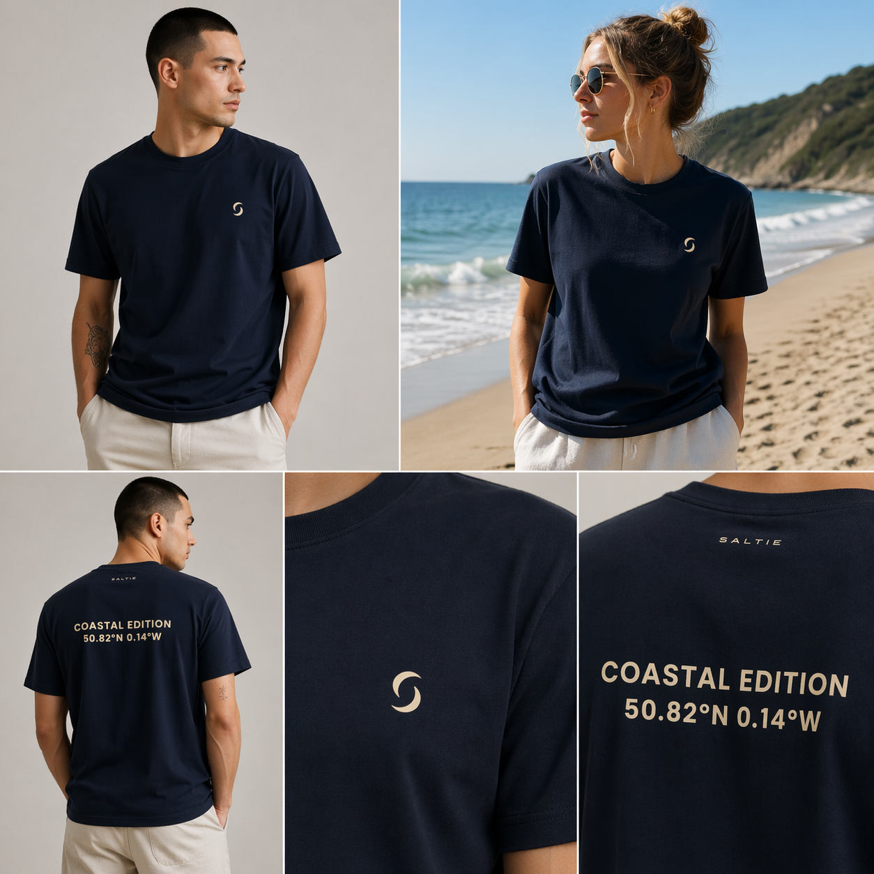 Navy blue t-shirt with branding and coastal edition text worn by a person on a beach.