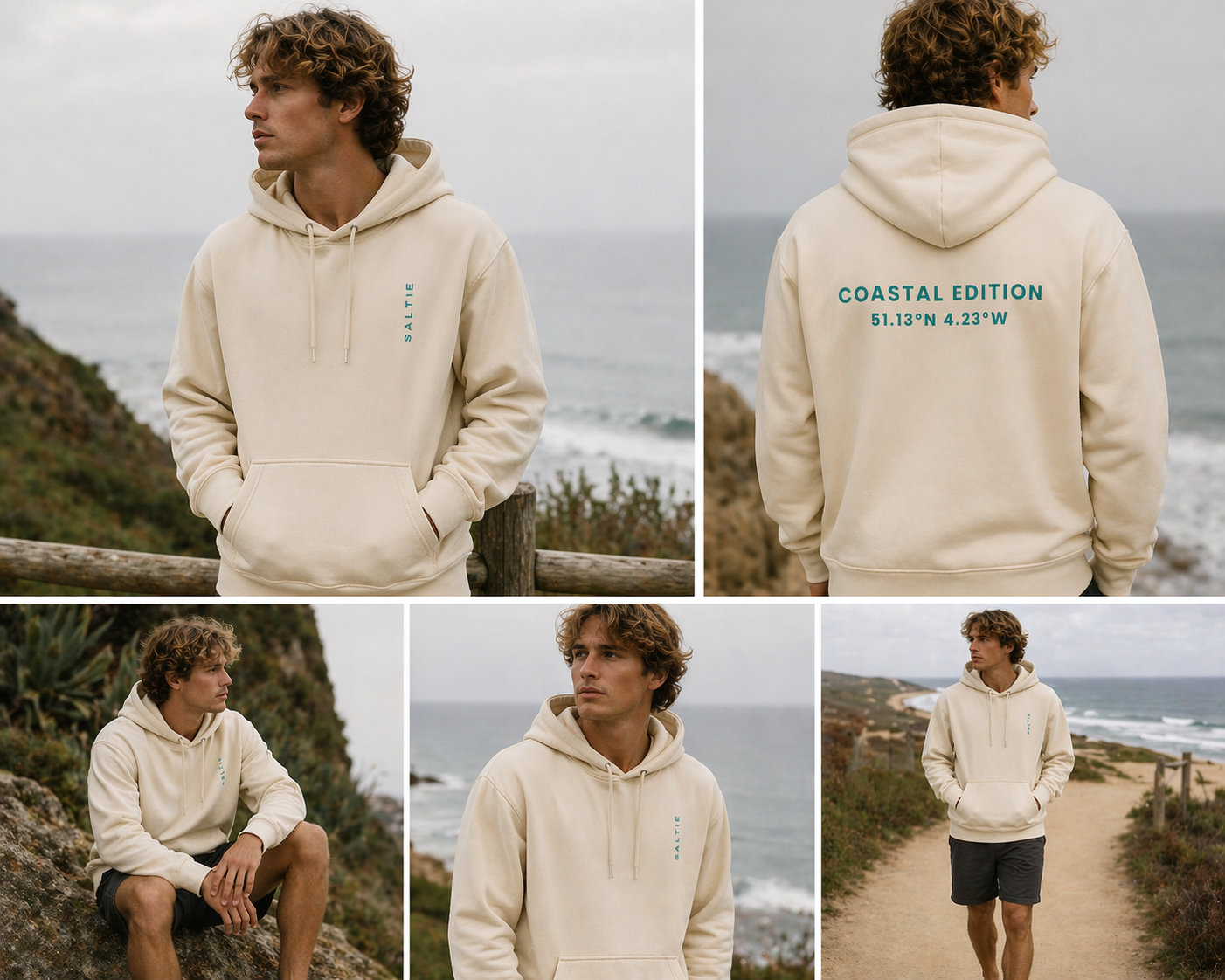 A five image collage of a man wearing a biege hoodie who is walking along the coast. On the back of the hoodie the text read