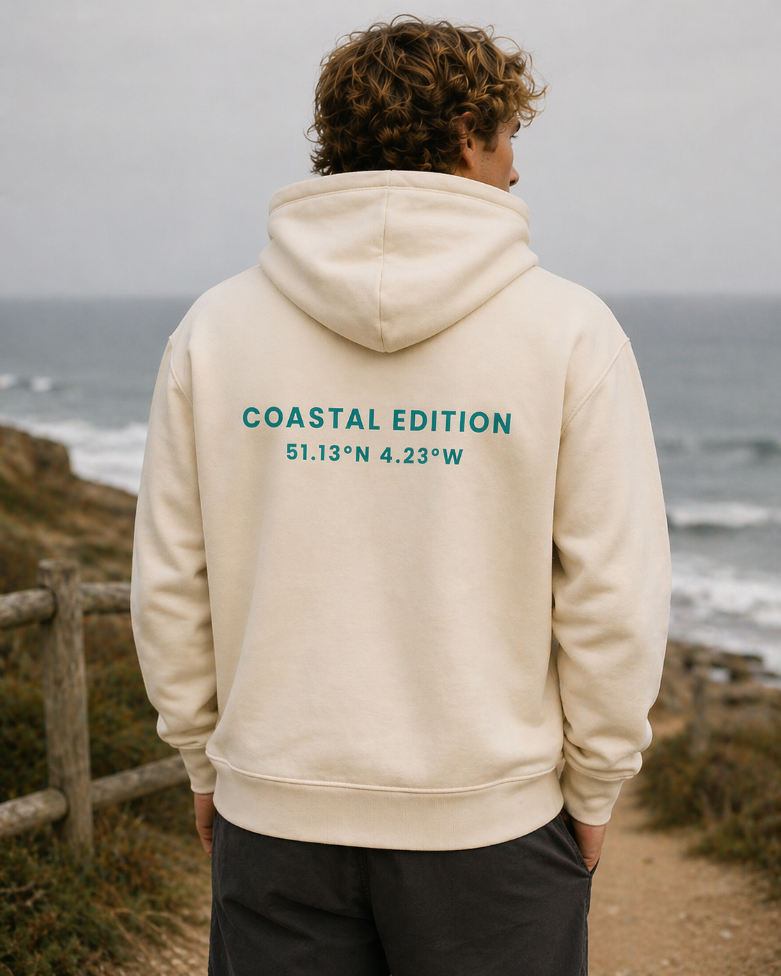 A man wearing a beige hoodie on the coast with the text