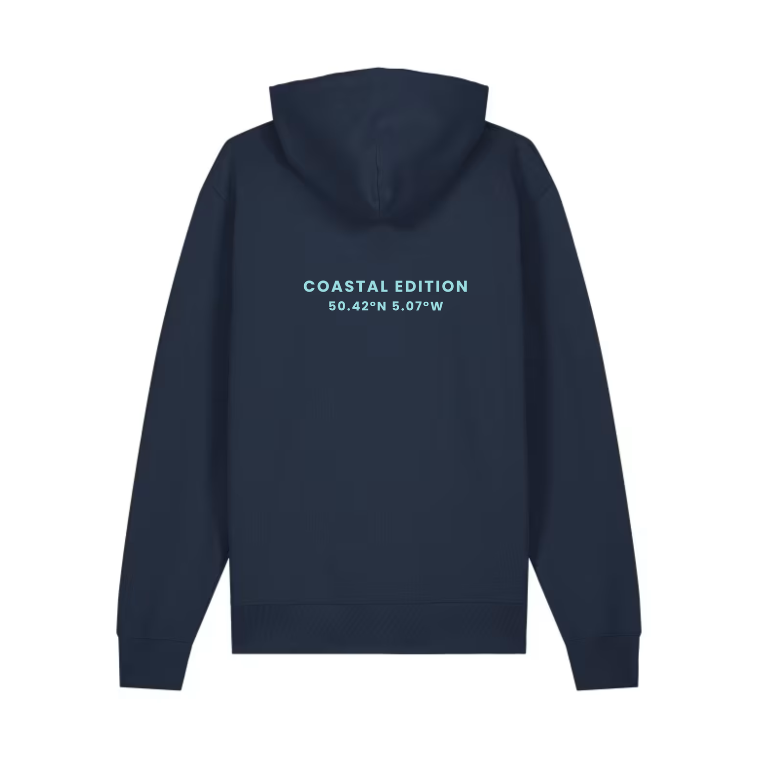 Navy blue hoodie with 'Coastal Edition' text on the back against a white background