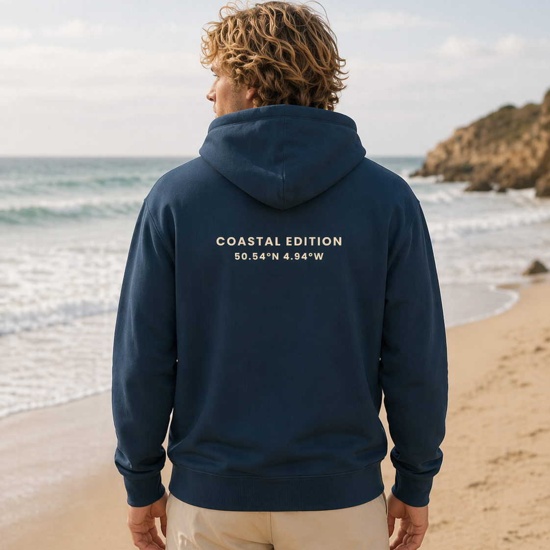 Person wearing a navy hoodie with 'Coastal Edition' text on the beach