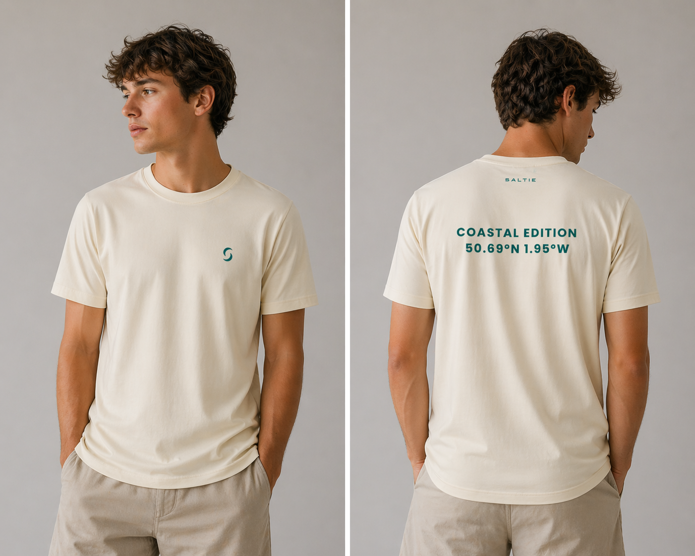 Man wearing a beige t-shirt with a logo on the front and text on the back, standing against a plain background.