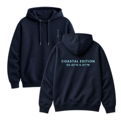 A navy blue hoodie against a white background that reads "saltie" & "coastal edition"