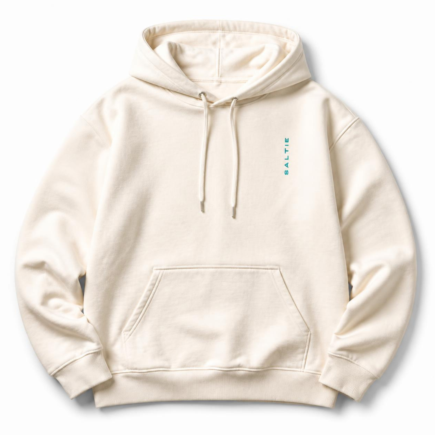 A branded saltie hoodie against a white background. The main colour is beige and the logo reads 