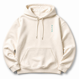 A branded saltie hoodie against a white background. The main colour is beige and the logo reads "saltie" in a teal colour.
