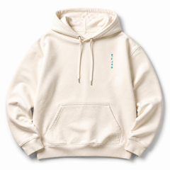 A branded saltie hoodie against a white background. The main colour is beige and the logo reads "saltie" in a teal colour.