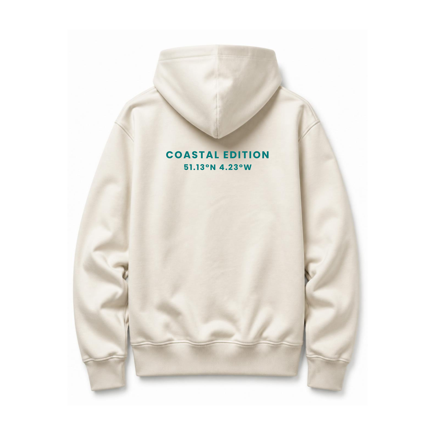 A branded saltie hoodie against a white background the main colour is beige and the logo on the back reads 