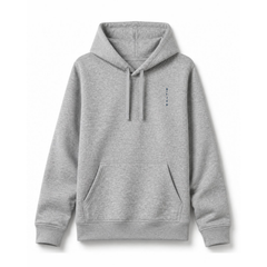 A branded grey saltie hoodie against a white background. The mains colour is grey and the logo is placed top left of the hoodie that reads "saltie" in a deep navy blue colour.