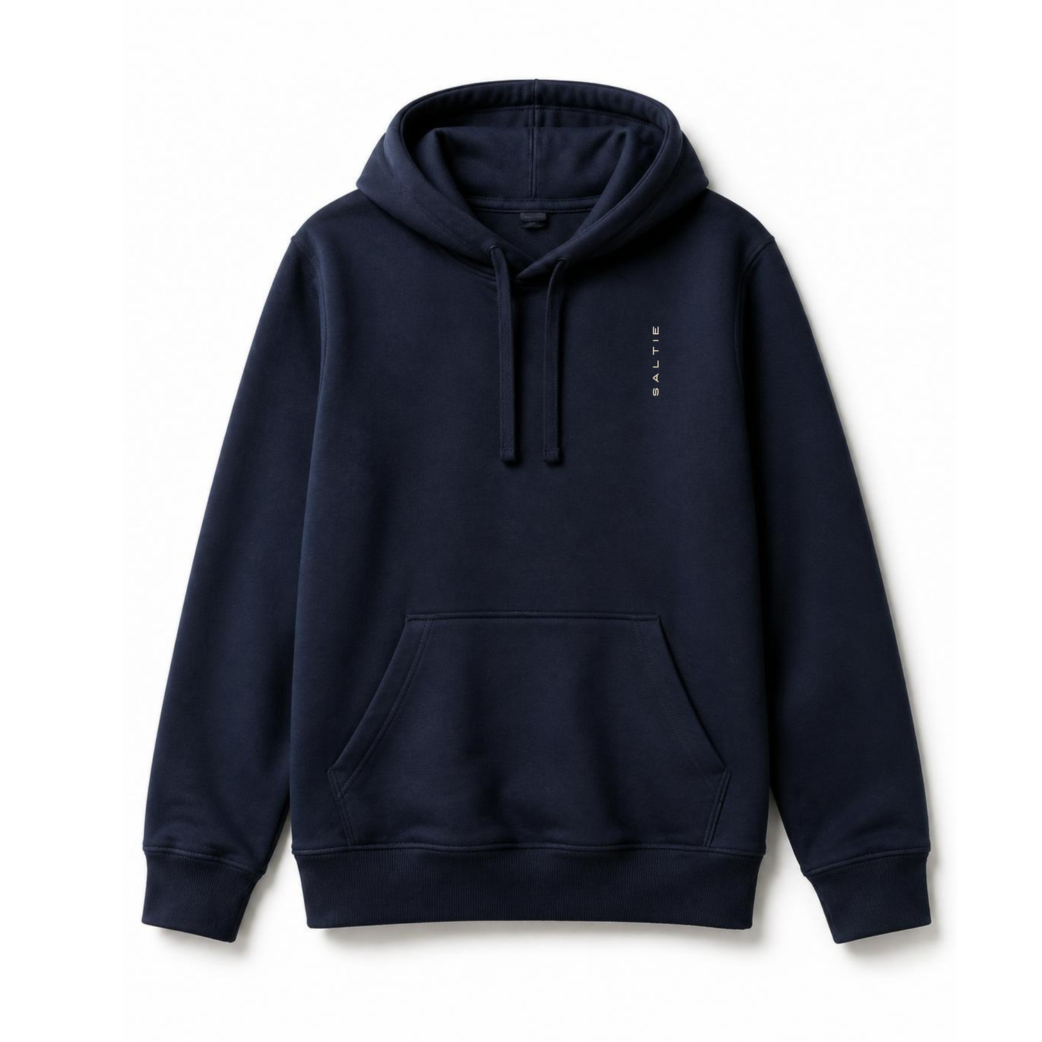 A branded saltie hoodie against a white background. The main colour is a deep navy blue. The logo is placed top left of the hoodie and reads 