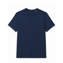 A branded saltie T-shirt against a white background. The main colour a navy blue. The "s" saltie logo is placed top left of the shirt.