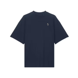 Navy blue t-shirt with a small white logo on a white background