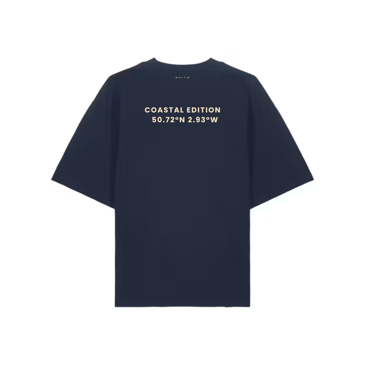 Navy blue t-shirt with text on the back on a white background