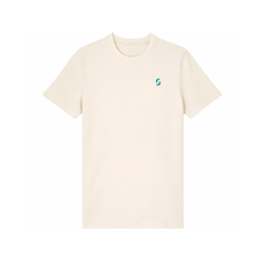 A branded saltie beige T-shirt against a white background. The "saltie" logo is placed top left in a teal colour.