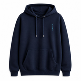 A branded saltie hoodie against a white background. The main colour is a deep navy blue. The logo on the front is placed top left and reads "Saltie" in a teal colour.