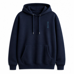 A branded saltie hoodie against a white background. The main colour is a deep navy blue. The logo on the front is placed top left and reads "Saltie" in a teal colour.