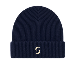 A navy blue beanie against a white background with the "saltie" logo on the front.