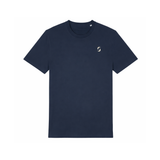 A branded saltie T-shirt against a white background. The main colour is navy blue. The Saltie "s" logo is placed top left in a beige colour.