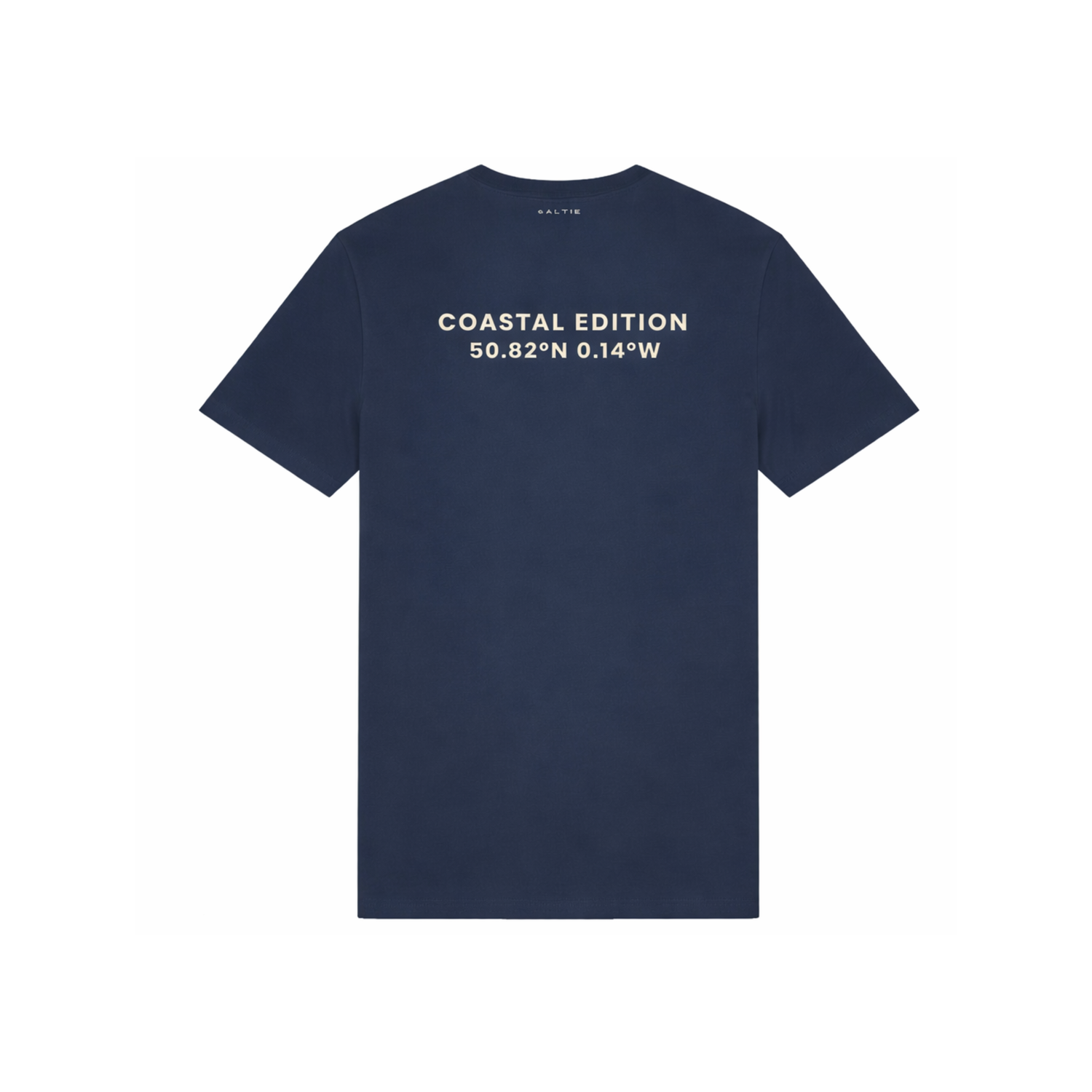 A branded saltie T-shirt against a white background. The main colour is a deep navy. The logo is placed on the back which reads 