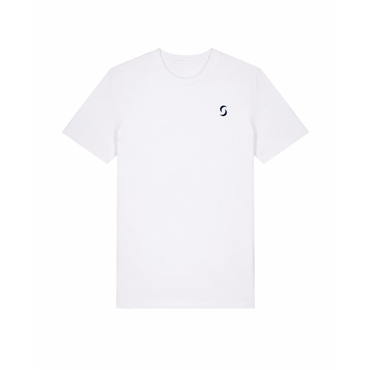 A branded saltie T-shirt against a white background . The main colour is white, the saltie logo is placed top left in a deep navy blue colour.