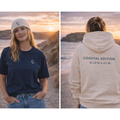Two people wearing branded shirts, hoodies and beanies.
