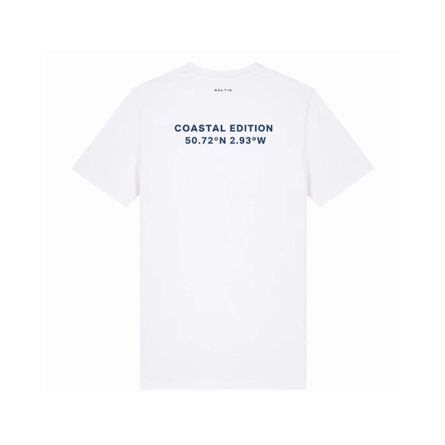 A branded saltie T-shirt against a white background. The main colour is white, the logo is placed on the back of the shirt that reads 